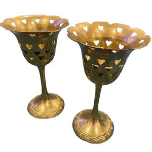 Lot Of 2 Brass Cutout Hearts‎ Candle Holder Vintage Etched Goblet Style Votive